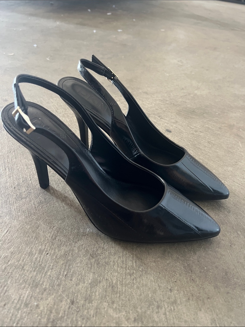 DKNY Black Patent Pointed Toe Slingback Heels